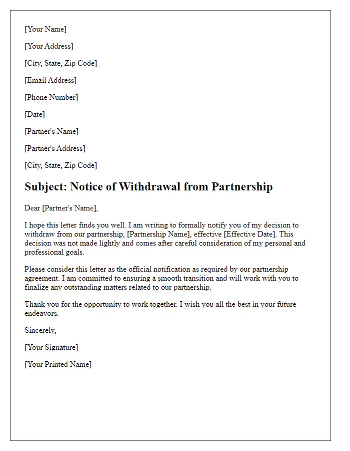 Letter template of notice of withdrawal from partnership