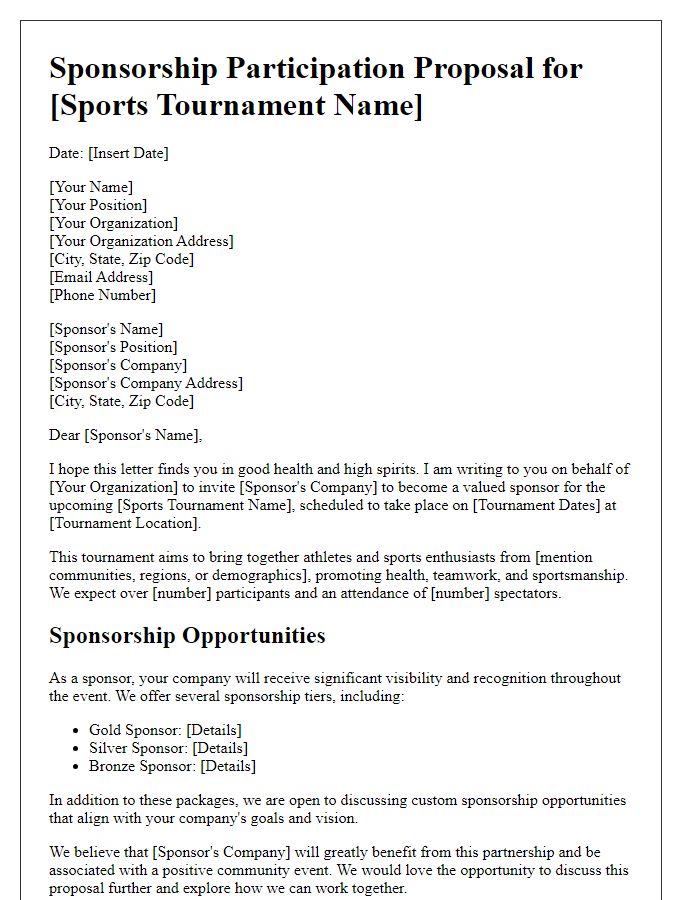 Letter template of Sponsorship Participation Proposal for Sports Tournament