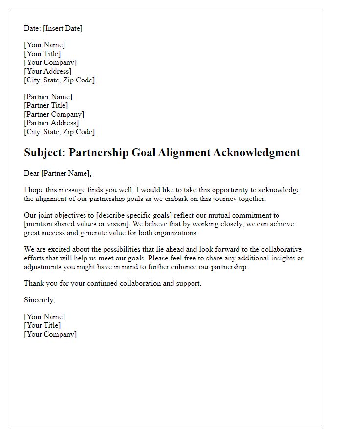 Letter template of partnership goal alignment acknowledgment