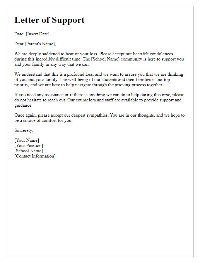 Letter template of support to grieving parent from school community