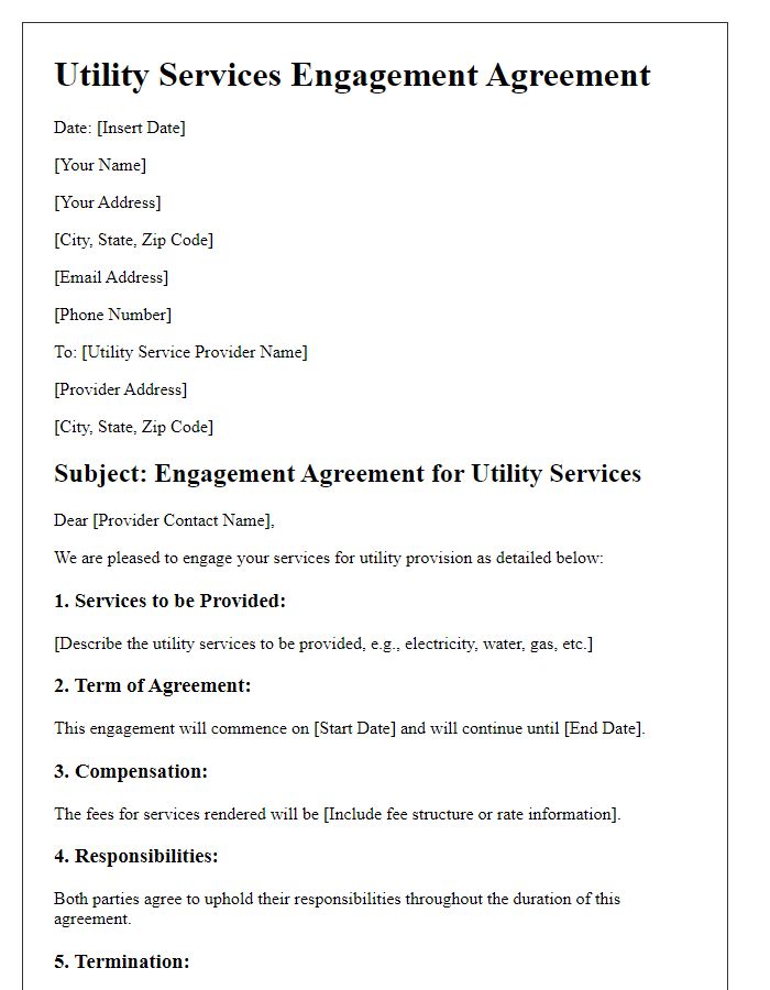 Letter template of Utility Services Engagement Agreement