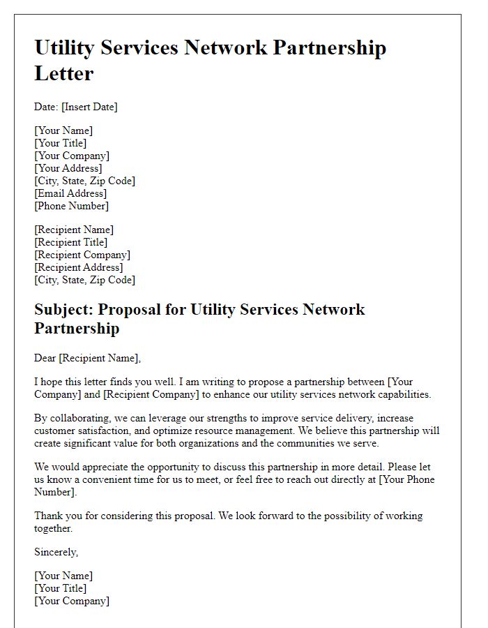 Letter template of Utility Services Network Partnership Letter