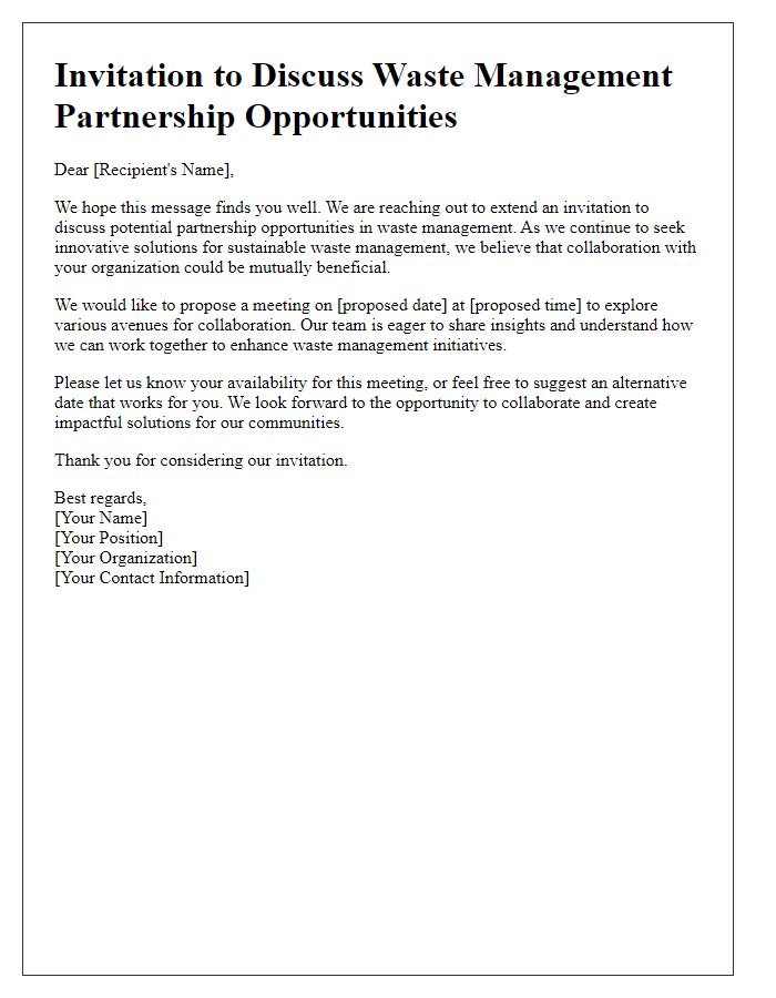 Letter template of invitation to discuss waste management partnership opportunities.