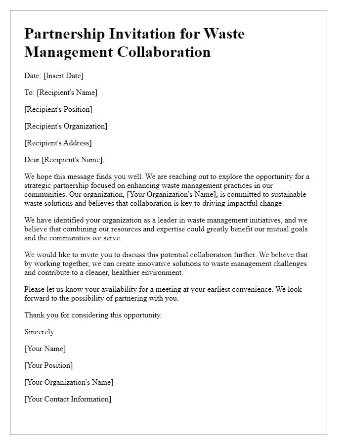 Letter template of partnership invitation for waste management collaboration.