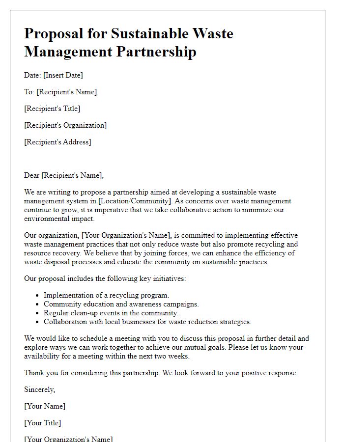 Letter template of proposal for sustainable waste management partnership.