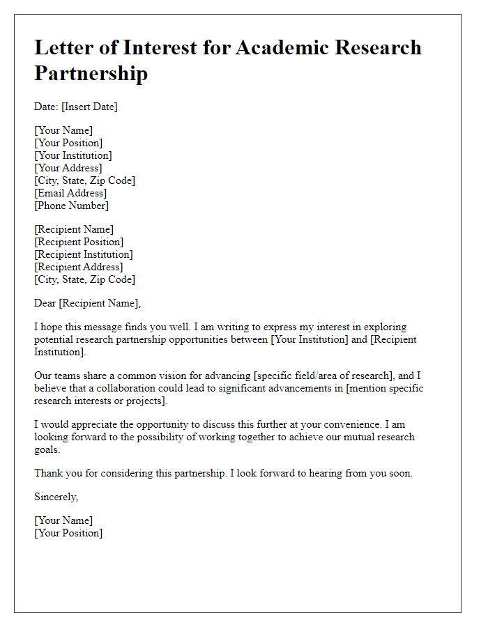 Letter template of academic research partnership interest