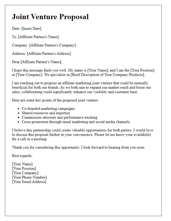 Letter template of affiliate marketing joint venture proposal