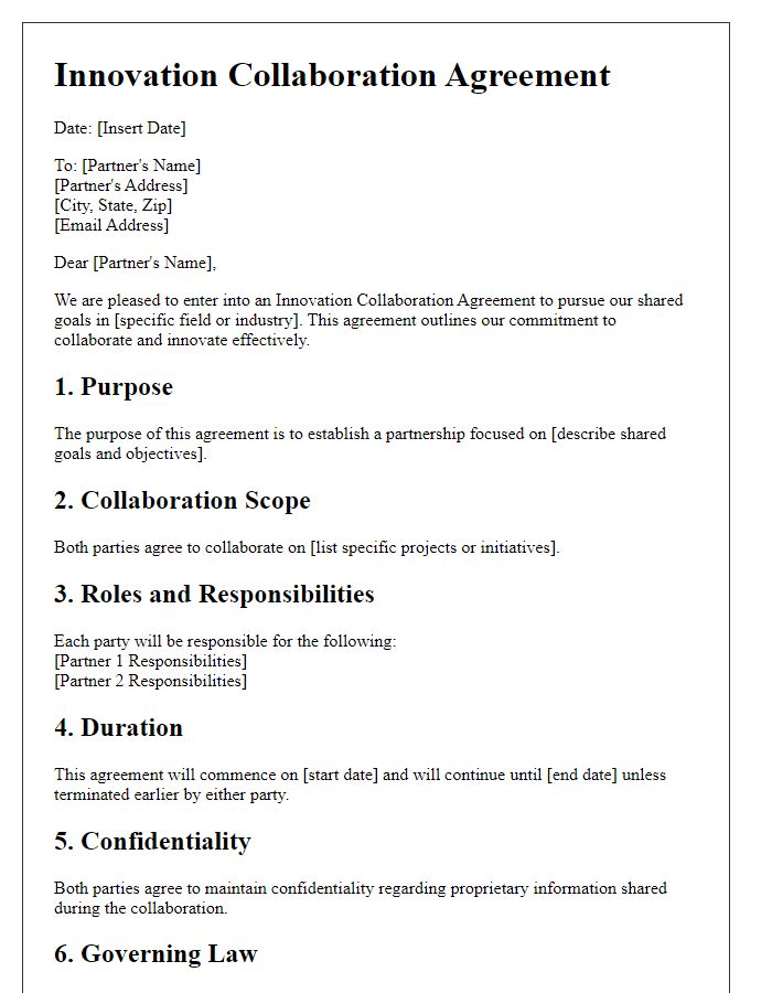 Letter template of Innovation Collaboration Agreement for Shared Goals