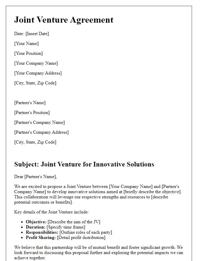 Letter template of Joint Venture for Innovative Solutions