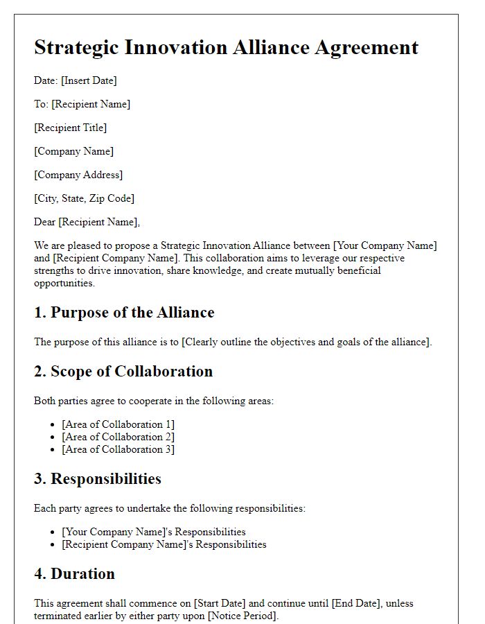 Letter template of Strategic Innovation Alliance Agreement