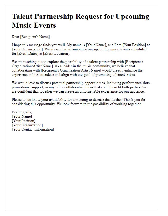 Letter template of talent partnership request for music events