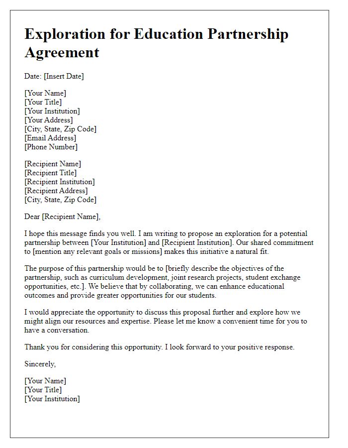 Letter template of Exploration for Education Partnership Agreement