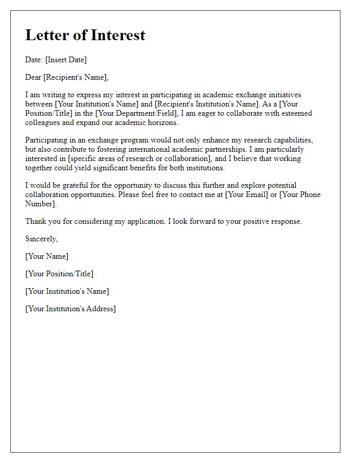 Letter template of Interest in Academic Exchange Initiatives