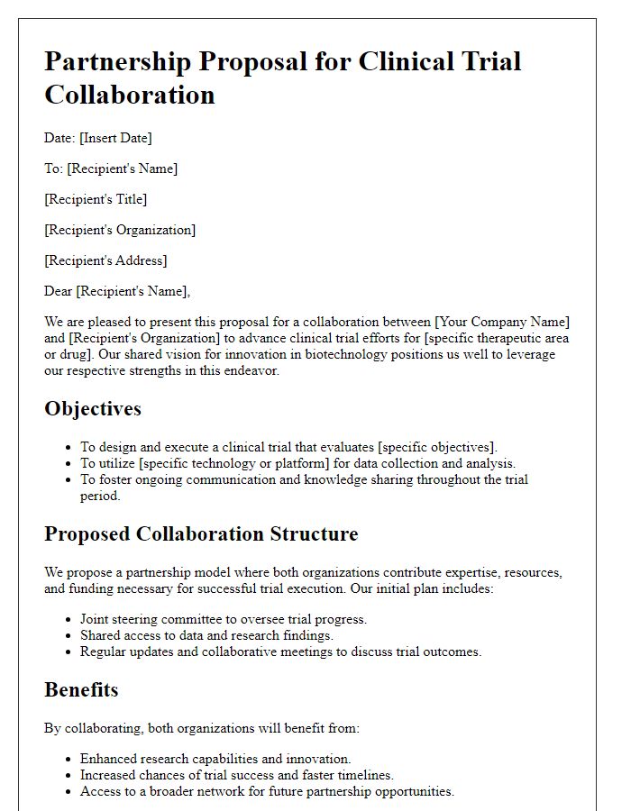 Letter template of a biotech partnership proposal for clinical trial collaboration.