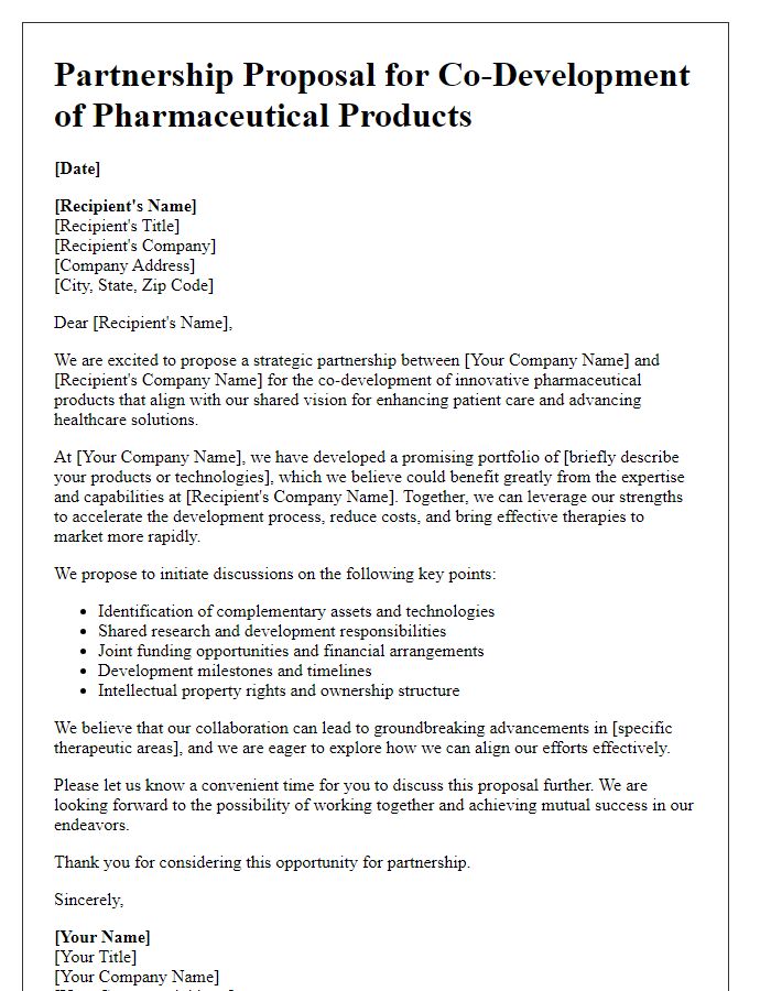 Letter template of a biotech partnership proposal for co-development of pharmaceutical products.