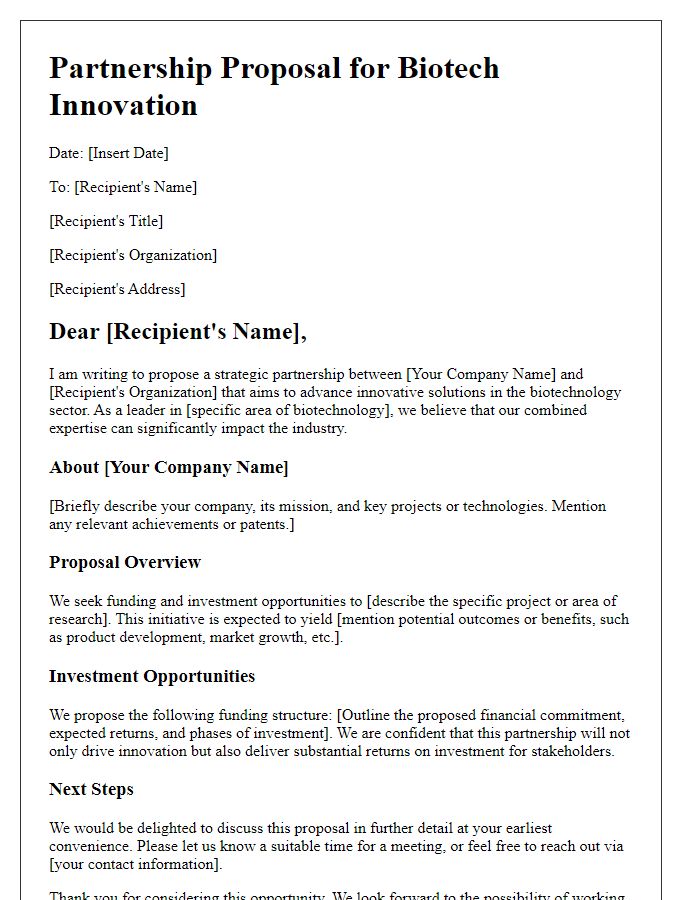 Letter template of a biotech partnership proposal for funding and investment opportunities.