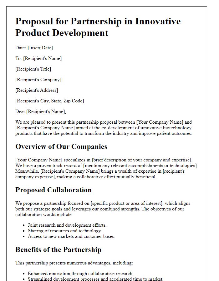 Letter template of a biotech partnership proposal for innovative product development.