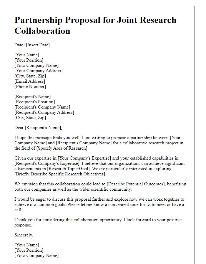 Letter template of a biotech partnership proposal for joint research collaboration.