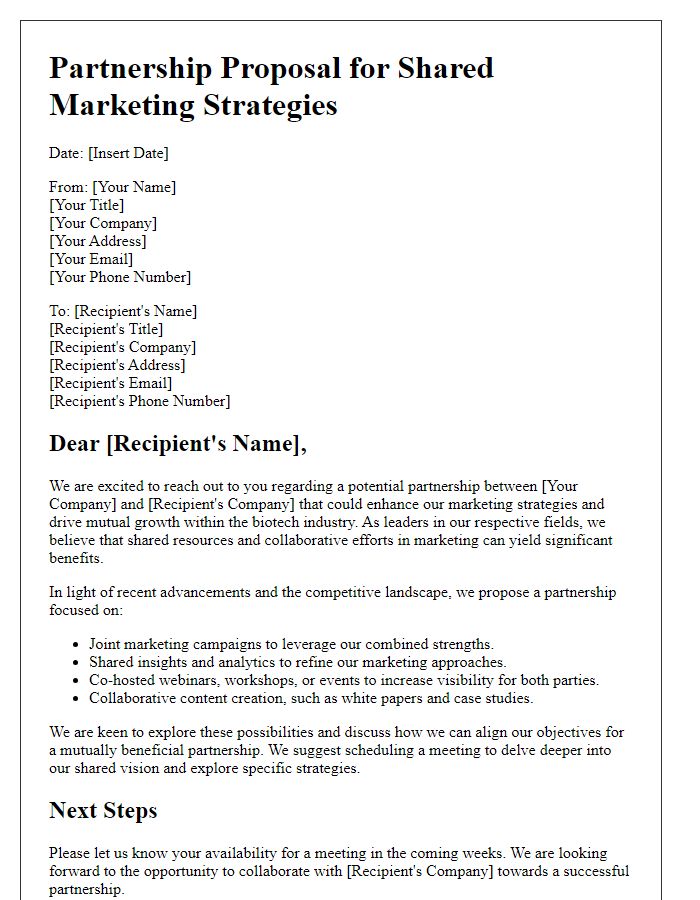 Letter template of a biotech partnership proposal for shared marketing strategies.