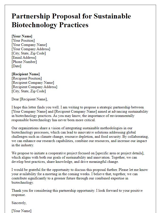 Letter template of a biotech partnership proposal for sustainability in biotechnology practices.