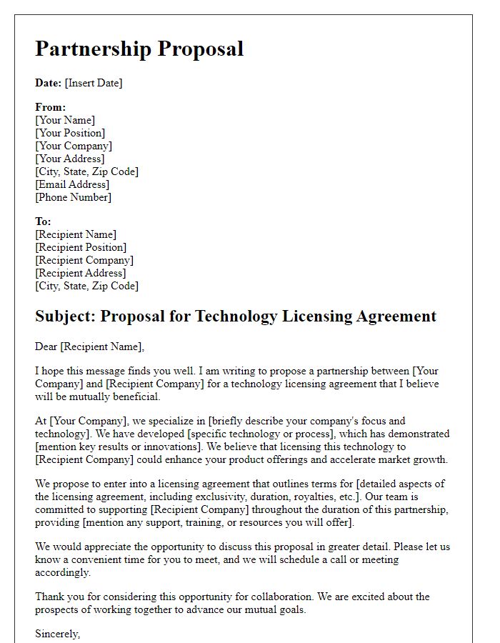 Letter template of a biotech partnership proposal for technology licensing agreement.