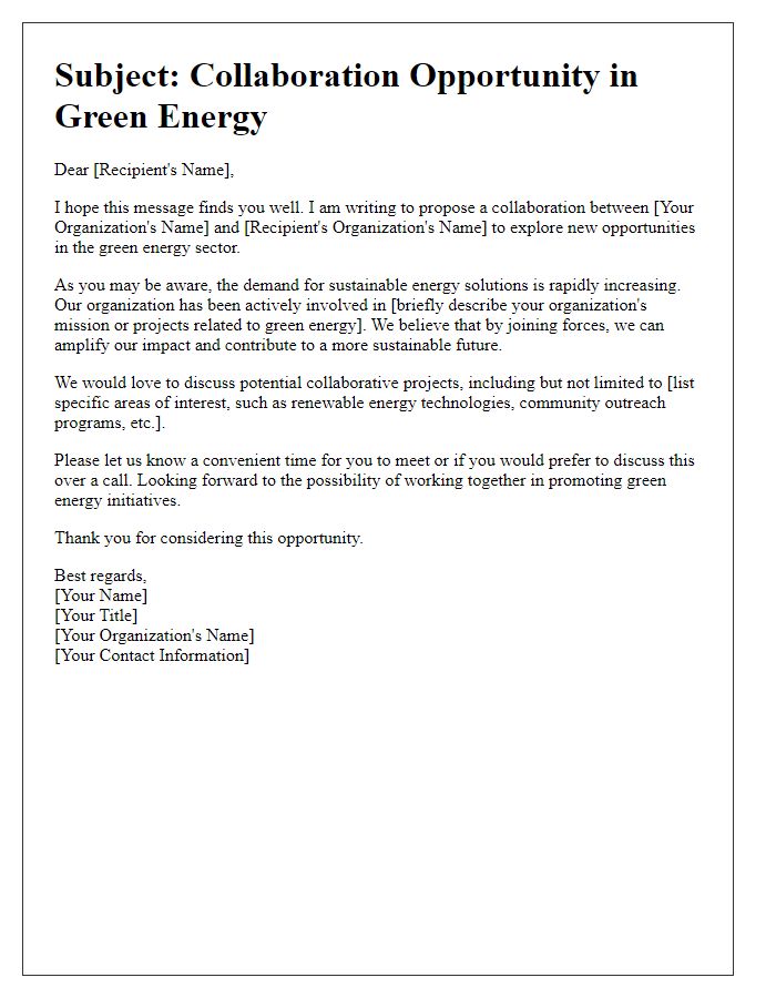 Letter template of green energy collaboration opportunity