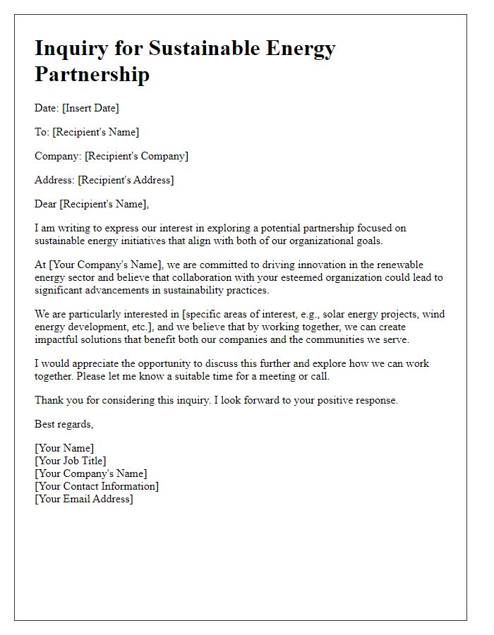 Letter template of sustainable energy partnership inquiry