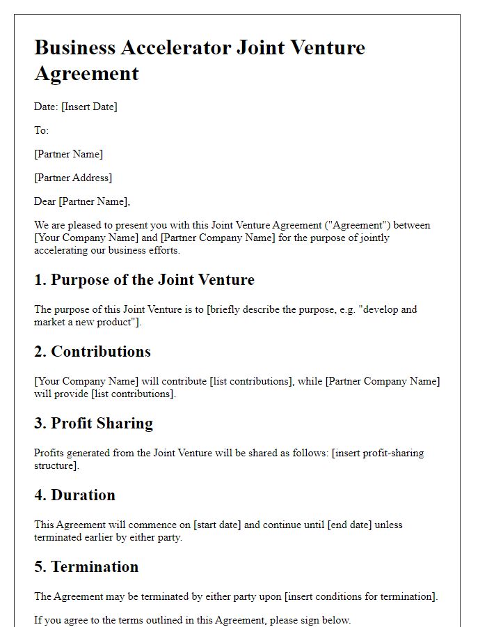 Letter template of Business Accelerator Joint Venture Agreement