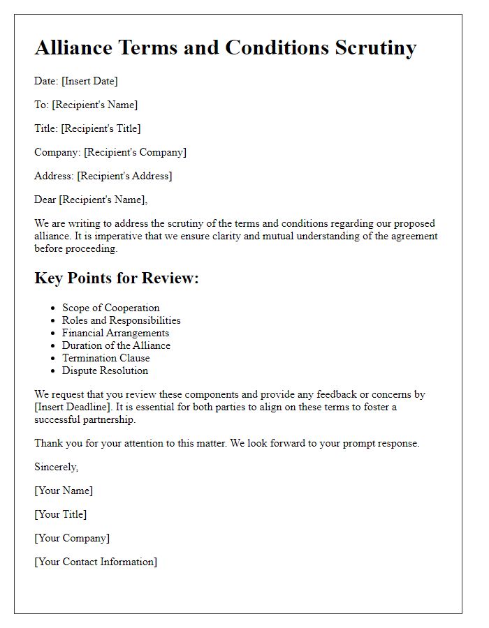 Letter template of alliance terms and conditions scrutiny