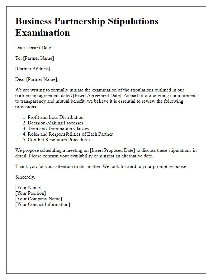 Letter template of business partnership stipulations examination