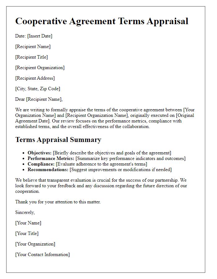 Letter template of cooperative agreement terms appraisal