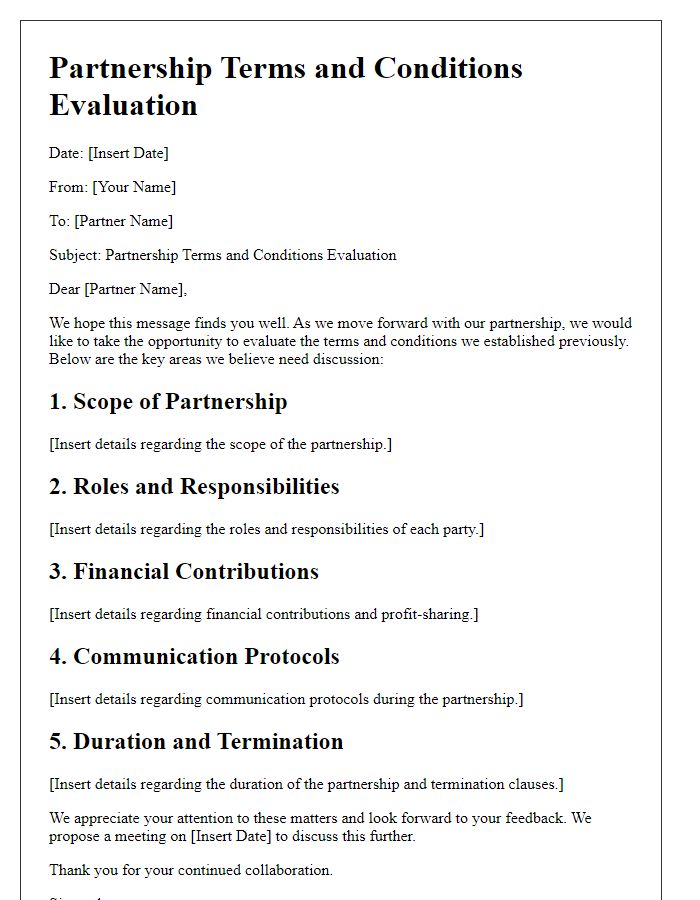 Letter template of partnership terms and conditions evaluation