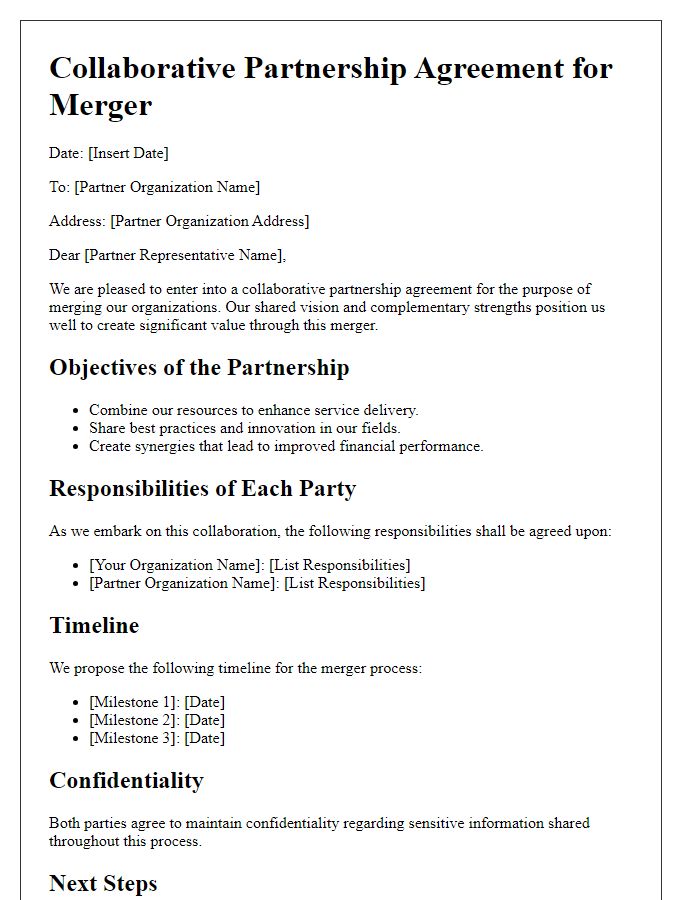 Letter template of collaborative partnership agreement for merger.