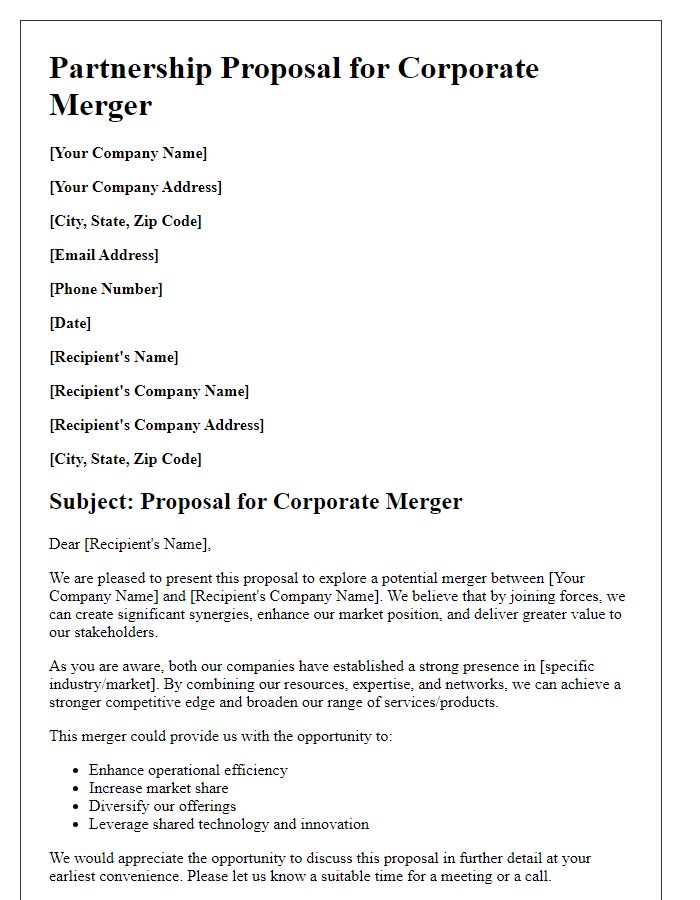 Letter template of partnership proposal for corporate merger.