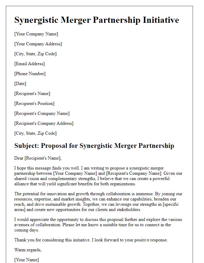 Letter template of synergistic merger partnership initiative.