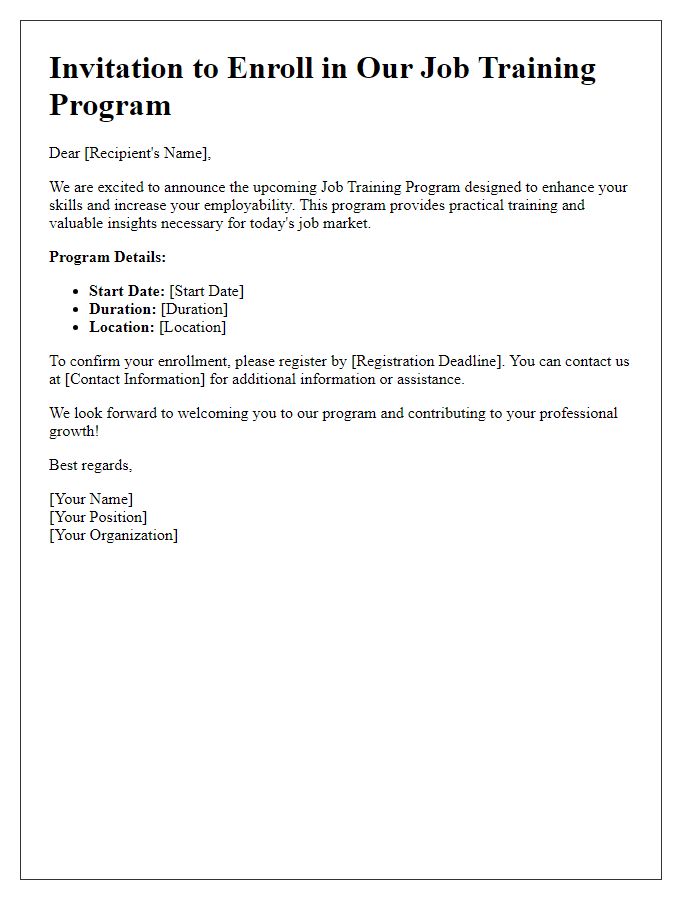 Letter template of job training program enrollment invitation