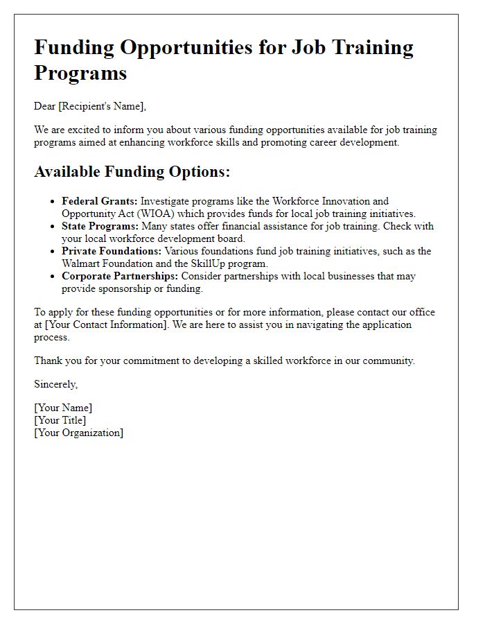 Letter template of job training program funding opportunities