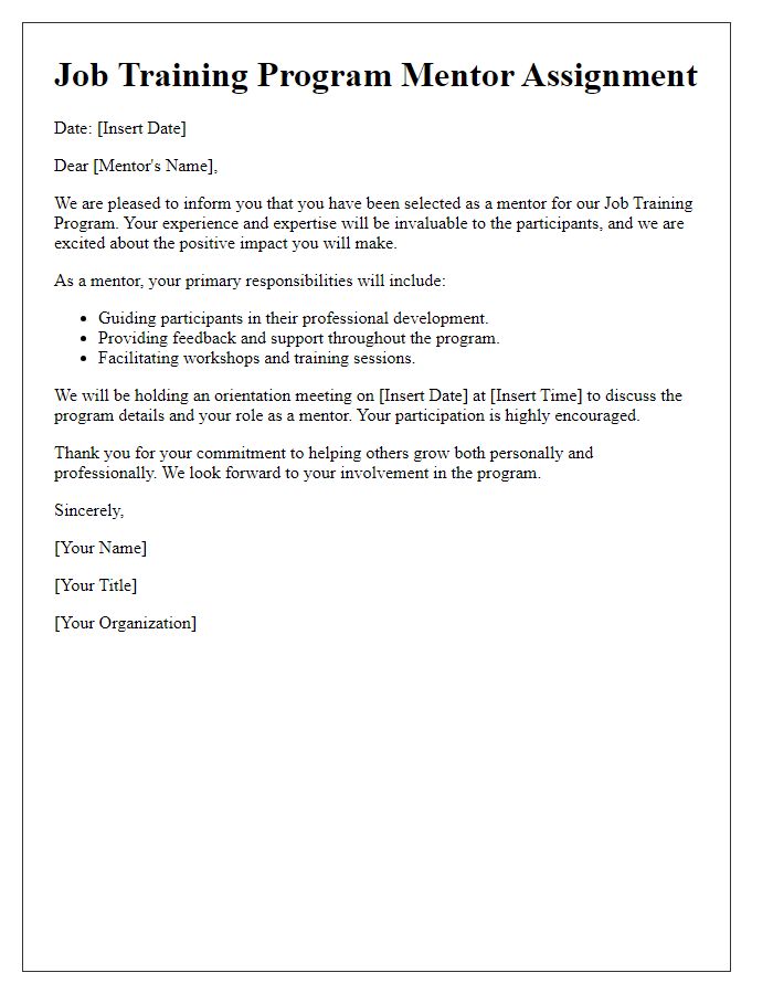 Letter template of job training program mentor assignment