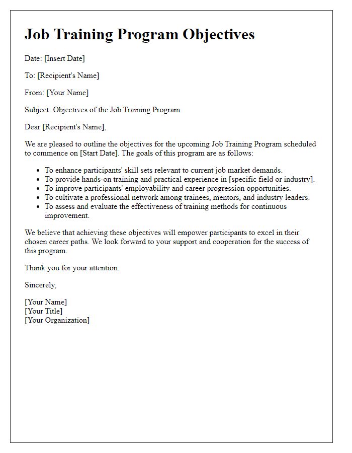 Letter template of job training program objectives