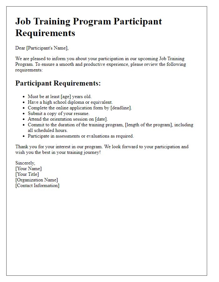 Letter template of job training program participant requirements