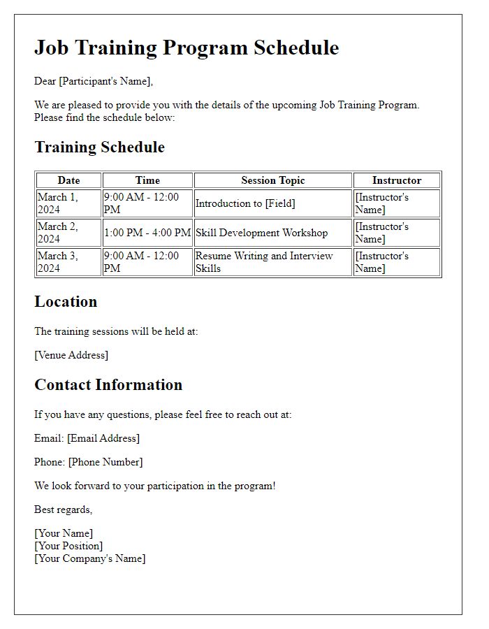 Letter template of job training program schedule details