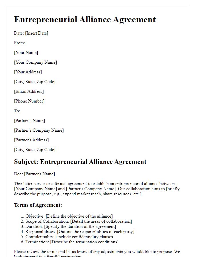 Letter template of entrepreneurial alliance agreement