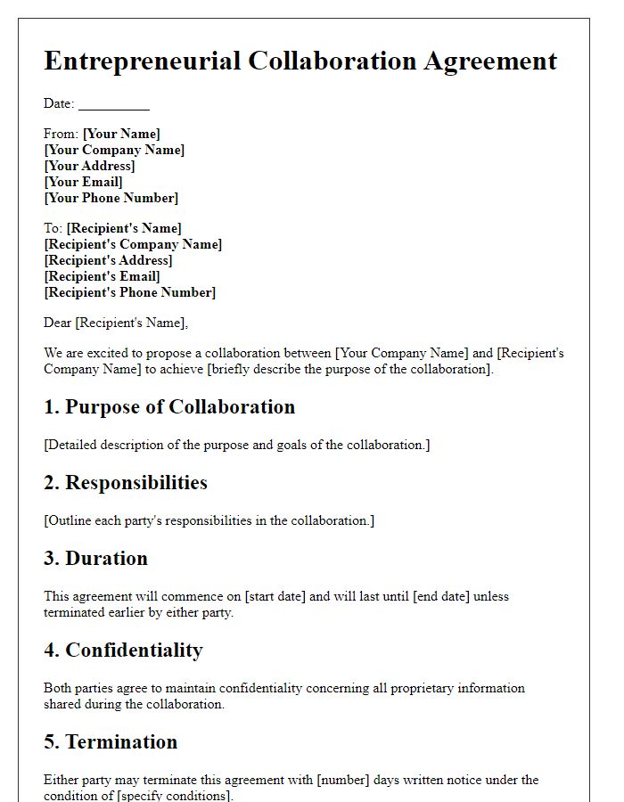 Letter template of entrepreneurial collaboration agreement