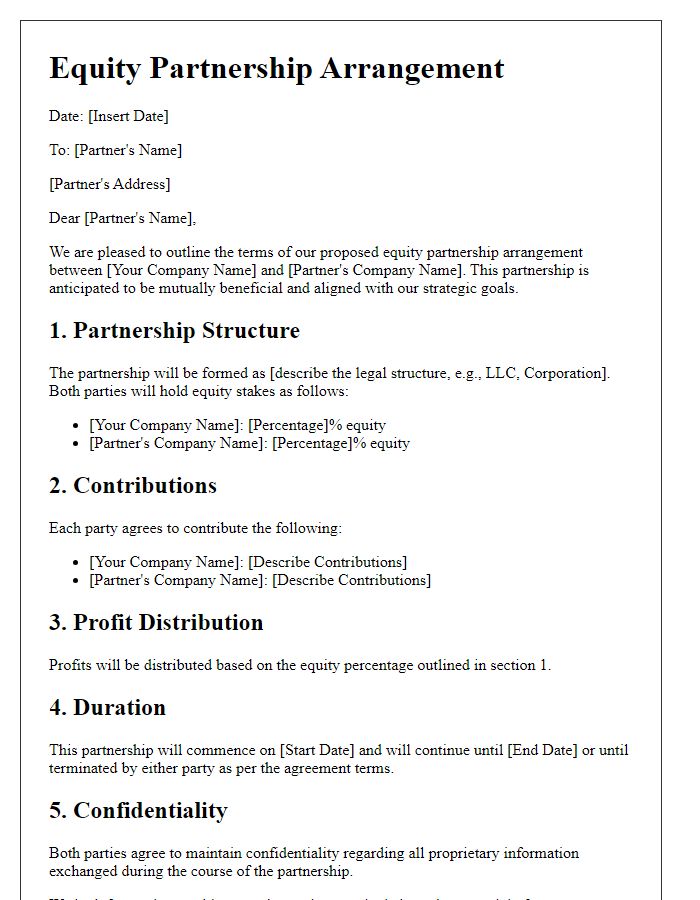 Letter template of equity partnership arrangement