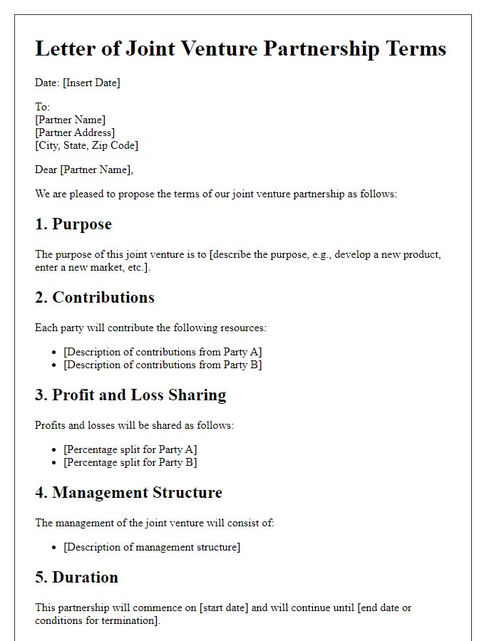 Letter template of joint venture partnership terms