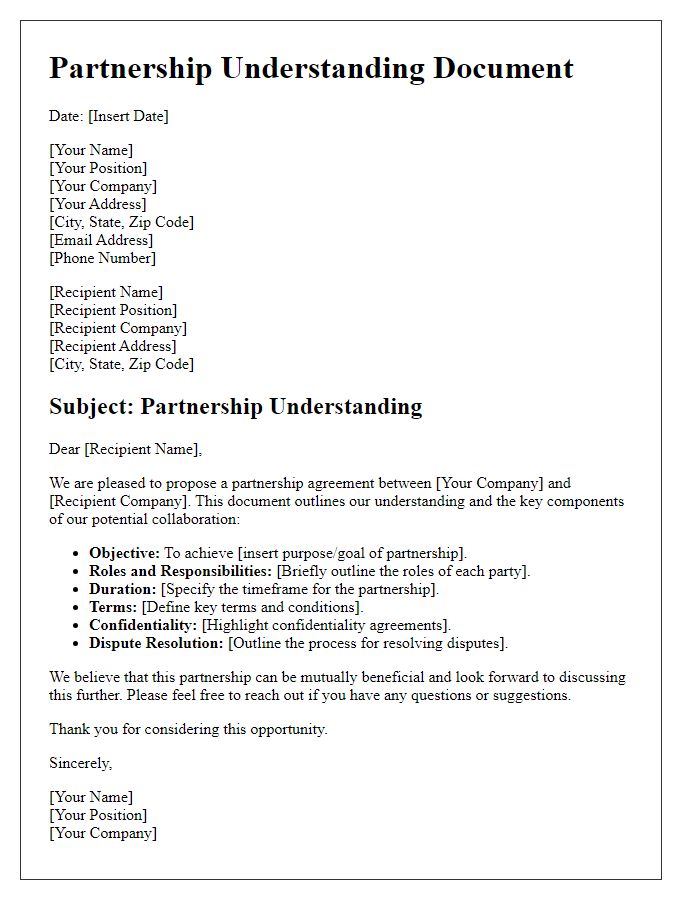 Letter template of partnership understanding document