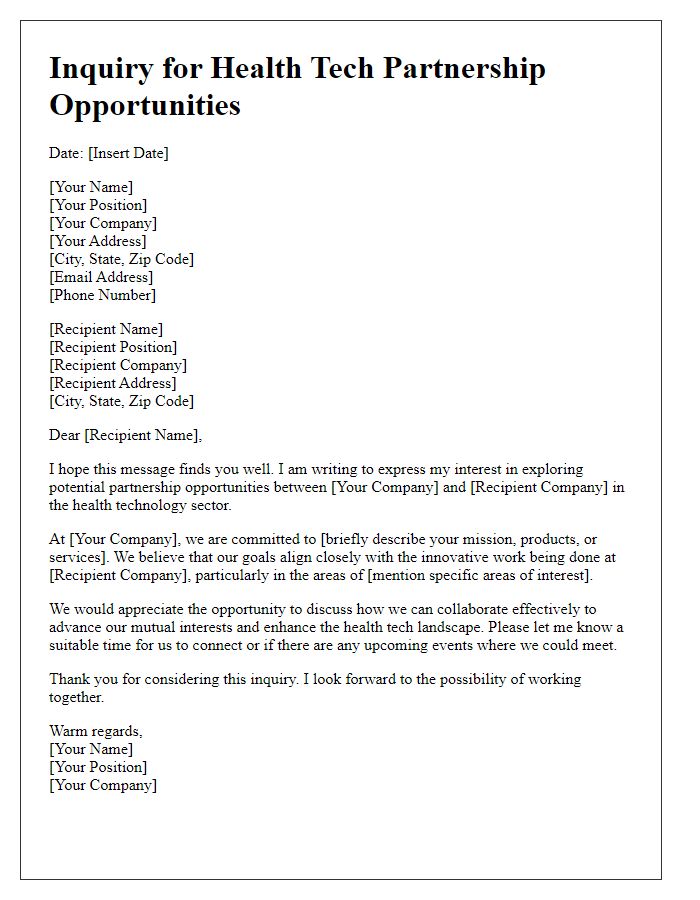 Letter template of Inquiry for Health Tech Partnership Opportunities