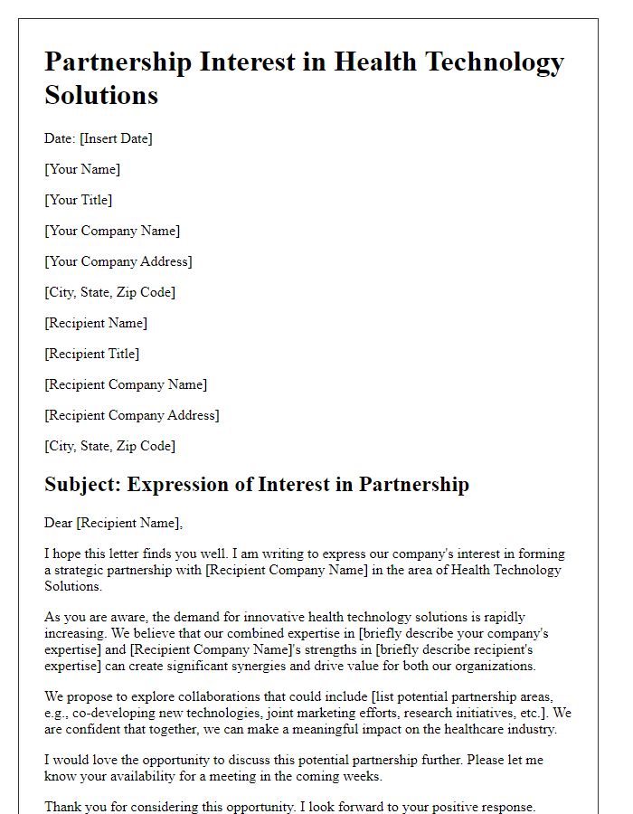 Letter template of Partnership Interest in Health Technology Solutions