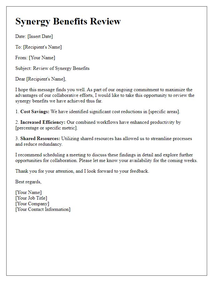 Letter template of synergy benefits review