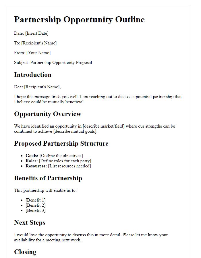 Letter template of individualized partnership opportunity outline